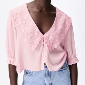 Zara Pink Lace Peter Pan Collar Crop Top Size Medium